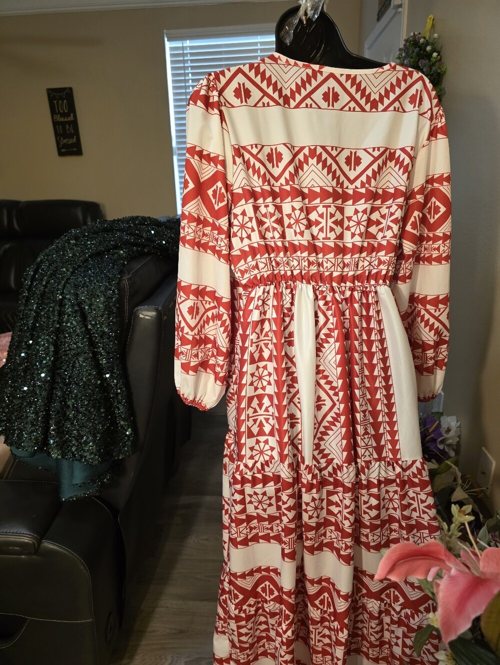 Women’s Red & White Geometric Maxi Dress with Elastic Waist